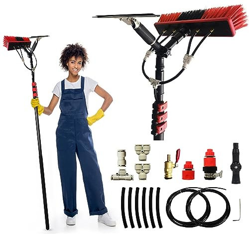 Water Fed Pole Brush Kit, Solar Panel Window Cleaner Cleaning Brush & Pole Kit Extendable Outdoor Window Cleaner W/Hose Squeegee,(Size:12FT)