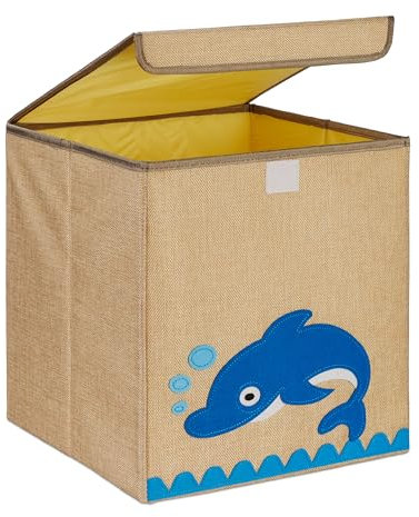 Relaxdays Aufbewahrungsbox, Delfin-Motiv, Stoffbox für Kinder, faltbar, HBT: 33 x 33 x 33 cm, Spielzeugbox, beige/blau