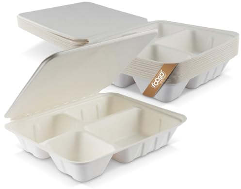 FOOGO Green 100pcs Eco-Friendly Clamshell Takeaway Boxes, 9x8 inch 42oz / 1200ml, 4 compartments, Made from Natural Sugarcane Pulp, Disposable Food Container, Compostable Biodegradable