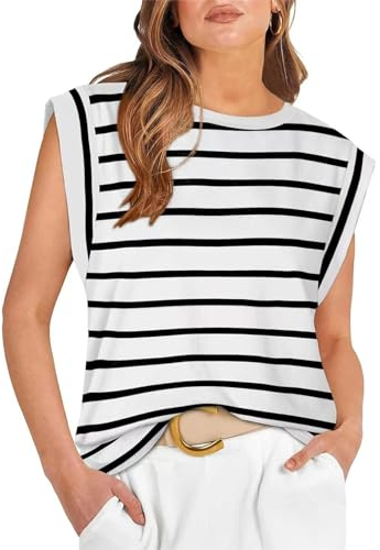 Clode Stripe Tank Tops Women Summer Solid Color Blouse Loose Fit Crew Neck Sleeveless Classic Vest Tops Active Yoga Workout Shirt A-187