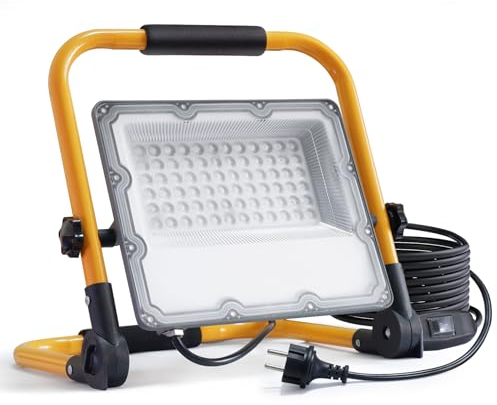 OUSIDE 50W LED Baustrahler mit Stativ und 4M Kabel,IP66 Wasserdichter Arbeitsscheinwerfer mit Schuko-Stecker und Schalter für Werkstatt,Wartung oder Baustelle, 6500K Kaltes Weißes Licht,5000 Lumen