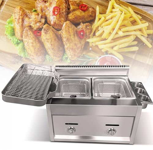 Freidora de gas de doble cilindro de 16L/24L, Freidora a Gas de Encimera de Acero Inoxidable, con Cestas Grande, Tapa, con Calentamiento Rápido Para Us,8Lx2