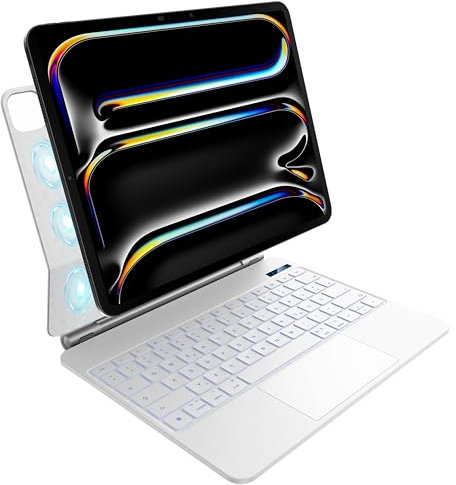 HOUCC Tastatur für iPad Pro 13 Zoll (M4, 2024), Magnetischer Ständer, Multi-Touch Trackpad, 7-Farbige Beleuchtete, iPad Pro 13 Zoll Hülle mit Tastatur, QWERTZ Layout, Weiß