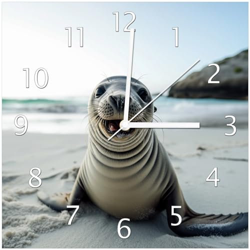 Wallario Design-Wanduhr Robbe am Strand aus Glas, Motiv-Uhr Größe 30 x 30 cm, weiße Zeiger