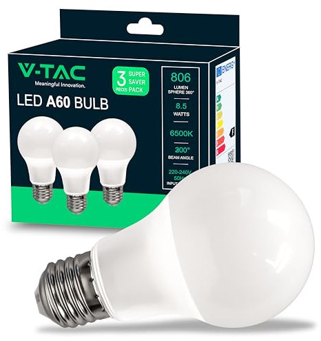 V-TAC 3x Lampadine LED con Attacco E27 8,5W (Equivalenti a 60W) A60 806 Lumen - Lampadine Nuova Generazione - 6500K Luce Bianca Fredda (Box 3 pezzi)