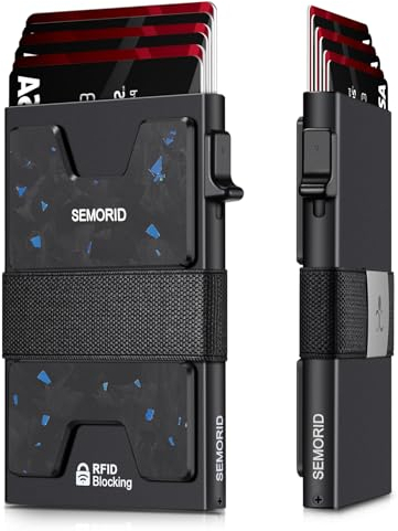 SEMORID Mens Wallet, Slim Wallet for Men, Pop Up Credit Card Holder RFID Blocking, Minimalist Metal Wallet with Cash Band, Aluminum Wallets (Black+Blue)