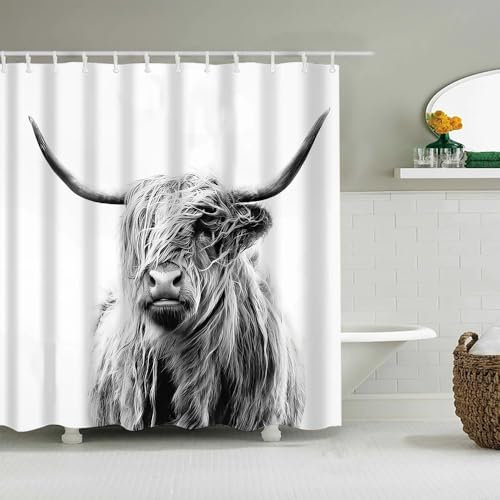 AASIRA Duschvorhang 240x200 Grau Kuh Anti-Schimmel Wasserdichter Extra Langer Duschvorhänge mit 12 Duschvorhangringen Tier 3D Motiv Bad Vorhäng für Badewanne Badezimmer C440