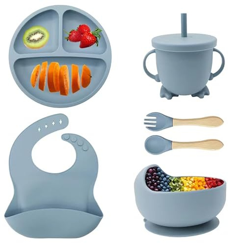 Eliano 6-teiliges Silikon-Baby-Geschirrset – rutschfester Teller & Schüssel, Becher mit Strohhalm, Löffel, Gabel & Lätzchen – BPA-frei, spülmaschinenfest, mikrowellengeeignet, ab 6 Monaten (Blau)