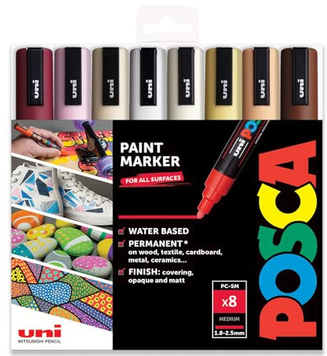 Posca PC-5M Farbmarker, Kunststifte, 1,8–2,5 mm Spitze, warm-neutral, Set mit 8 Farben in Kunststoffhülle