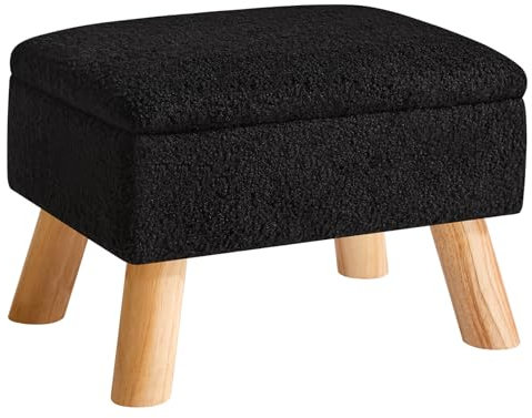 YMYNY Ottomane mit Stauraum, Fußhocker, Kleiner Fußhocker mit Stabilen Holzbeinen Hocker, Teddy Samt Fußstütze mit Gepolstertem Sitz, für Wohnzimmer Schlafzimmer Eingänge 40 ×30 ×28CM Schwarz HBD042B