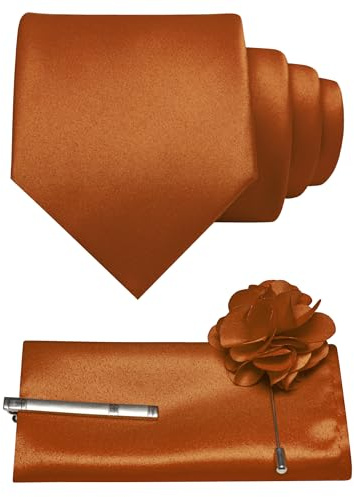 JEMYGINS 8 cm einfarbige formelle Krawatte und Einstecktuch mit Krawattenklammer, Reversnadel-Set, Herrenkrawatte für Business und Hochzeit, 4 Stück, rust, Einheitsgröße