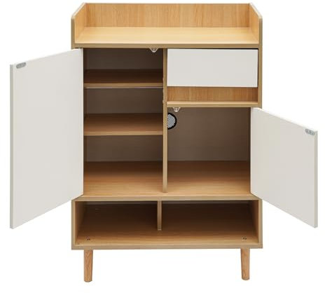Ciounmb Scarpiera a 2 ante e 1 cassetti, stile rustico moderno, armadio indipendente, 60 x 32 x 90 cm, per ingresso, scarpiera (colore legno di ciliegio + bianco)
