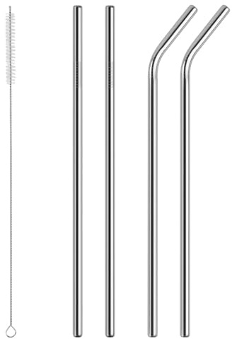 Yuannee Pailles en Acier Inoxydable,4 PCS Droites/Courbées Pailles avec Brosse de Nettoyage Réutilisables pour Cocktails Bubble Tea Smoothies et Gourdes Résistantes aux Boissons Chaudes Froides
