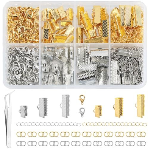 SOFPLATE 1 Box 391Pcs Ribbon Bracelet Kit Cord End Crimps Leather Pinch Clasp with Lobster Clasps Jump Ring Chain Extenders for Jewellery Making Accessories DIY Bracelet Choker Necklace Bookmark Pinch