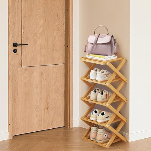 Hafuvool 5 Tier Bamboo Foldable Shoe Rack Small, Easy Assembly Vertical Folding Wooden Shoe Racks Storage For Narrow Space, Shoe Shelf For Corridors, Bedroom, Hallway, Corner, Apartment Small Space