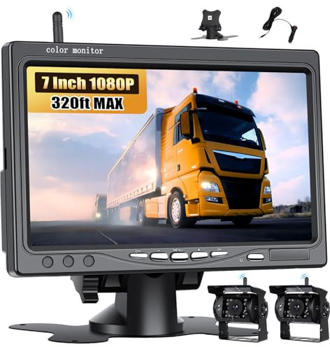 CAMECHO Rückfahrkamera Kabellos 2 Kameras IP68 Wasserdicht Nachtsicht Weitwinkel mit 7 HD Monitor für alle Modelle, 12V-36V Hochleistungschip Rückfahrkamera mit Umgekehrte Linie Toter-Winkel-Warnung