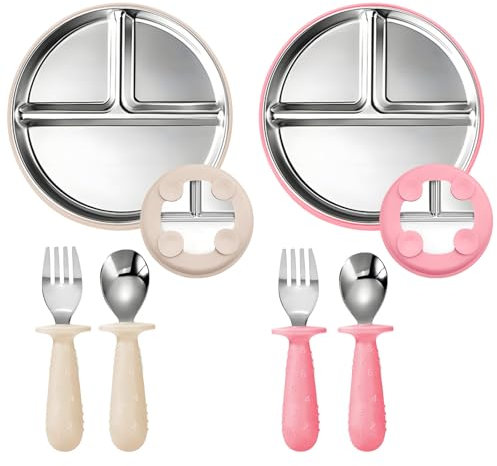 Kotkiddy Stainless Steel Baby Teller mit Saugnapf & Babylöffel Gabeln, 23CM Geteilte Teller mit Abnehmbarem Silikon-Schlauch für Baby Set von 2 (Rosa und Beige
