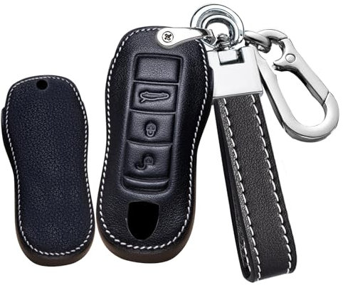 TECART Étui de clé de voiture - En cuir - Pour Porsche Cayenne 911 Coupé Panamera Taycan - 3 boutons - Boîtier de clé - Porte-clés - Cuir noir