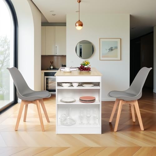 EGGREE Esstisch mit 2 Stühlen Essgruppe, Bartisch Set, Schreibtisch mit AC-Steckdosen und USB-Anschlüssen, 111cm Küchentisch mit 4 Ablagen für Wohnzimmer, Küche(Weiß Eichentisch+2 Grau Stühle)