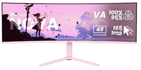 Arozzi Monitor da gioco curvo Nova 49 VA 165Hz - Ultrawide QHD 1440p con sincronizzazione adattiva, HDR10 e display senza sfarfallio - 100% sRGB - PC e console - Rosa