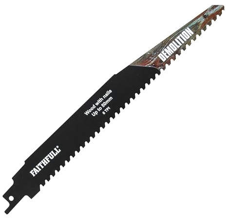Faithfull Demolition Carbide Sabre Saw Blade – 6 TPI Straight-Cut Blade, Compatible with Common S-Shank Reciprocating Saws for Wood with Nails, Plastic, Non-Ferrous Metals & Composites – 228mm (9 in)