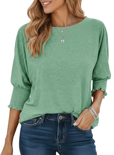 Cuptacc Tshirt Damen 3/4 Ärmel Rundhals Casual Basic Lose Langarmshirt | Gesmokt Stulpe,Dreiviertelarm,Dehnbar,Gestricktes,Mode,Komfort,Weich,Klassisch,Elegante,Bluse,Herbst