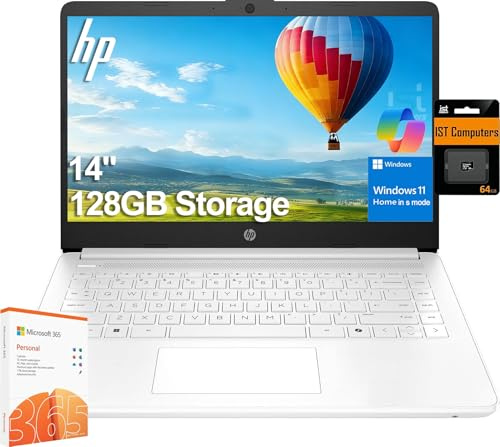 HP 14 Zoll Ultraleichter Laptop für Student & Zuhause (1 Jahr Office 365, Intel Celeron N4500, 4GB RAM, 128GB Speicher (64GB + 64GB SD)) 12h lange Akkulaufzeit, Webcam, Wi-Fi 6, Fast Charge, Win 11