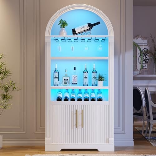 LVSOMT Weinschrank mit LED-Beleuchtung, 180cm Bogen Barschrank, Weiß | Weinschränke mit Bewegungssensor, Hängendes Tassenregal, Tür Stauschrank, Stufen Küchenschrank für Küche Esszimmer Wohnzimmer