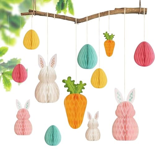 12 Stück Honeycomb Paper Balls, Osterdeko zum Aufhängen, Wabenfigur Ostereier Zum Aufhängen Papier Osterhase Wiederverwendbare Ostern Deko für Innen und Draußen Deko Frühling