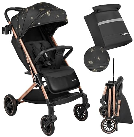 TULANO Lagos 35 Kinderwagen Buggy Klein Zusammenklappbar - Reisebuggy | mit Liegefunktion - mit Trolley-Funktion und Zubehör - Flugzeug & Handgepäck - Baby Buggy bis 15 kg - Beige/Geld