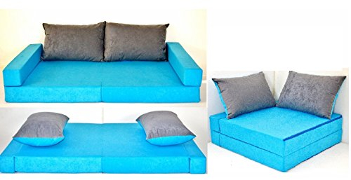 KK B1 blau-grau Kindersofa Kindermatratze Sitzkissen Spielsofa Minicouch Set + 2 Kissen (KK B1 (blau-grau))