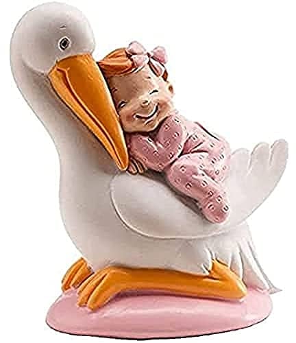dekora - Taufe Deko |Tortendeko Baby Mädchen mit Rosa Schalfende Storch - 10cm