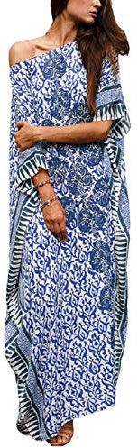 Bsubseach Women Blue Print Half Sleeve Beachwear Bikini Cover Up Swimwear Loose Batwing Sleeve Turkish Maxi Beach Kaftan Dress One Size