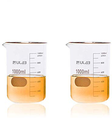 ULAB Scientific Glass Beaker Set, Vol. 1000ml, 3.3 Borosilicate Griffin Low Form with Printed Graduation, Pack of 2, UBG1017