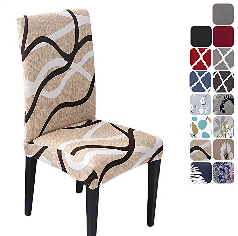 HZDHCLH Stuhlhussen 6er Set Stuhlbezüge Stretch abnehmbar, waschbar, Esszimmerstuhl-Schutzsitz für Hotel Restaurant Küche Hochzeitsfeier(Off-White/Linienmuster/6 Stück