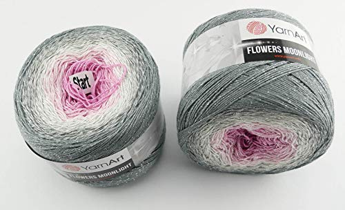 YarnArt Flowers 500 Gramm Bobbel Wolle mit Glitzer und Farbverlauf, 53% Baumwolle, Bobble Strickwolle Mehrfarbig 1000m (grau Silber rosa 3293)