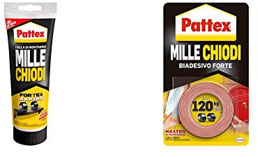 Pattex Millechiodi Forte & Rapido, Adesivo Di Montaggio Extra Forte Che Sostituisce Viti E Fori Al Muro & Millechiodi Tape, Nastro Biadesivo Extra Forte Per Applicazioni Permanenti, Nastro Adesivo