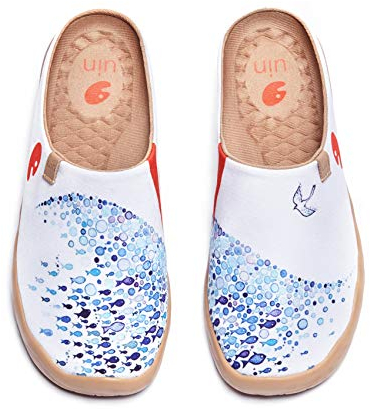 UIN Pacific Time Slipper Damen Fisch Hausschuhe Bequeme Reiseturnschuhe Mode gemalte Wanderschuhe Slip On Schuhe Canvas Weiß(39)