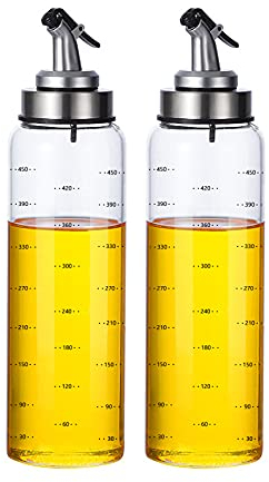 MHTECH Bottiglia per olio e aceto da 500 ml, corpo della bottiglia in vetro con scala, uscita dell'olio con funzione di apertura e chiusura automatica (500 ml + 2 pezzi) (500ml-anyashi)