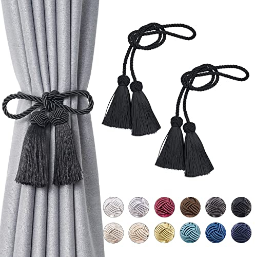 Pretty Jolly 2 Stück doppelte Quaste Vorhang Raffhalter handgemachte Seil Knoten drapieren Raffhalter Krawatte zurück Elegante dekorative Vorhanghalter für Haus & Büro Fenster Draperie (schwarz)
