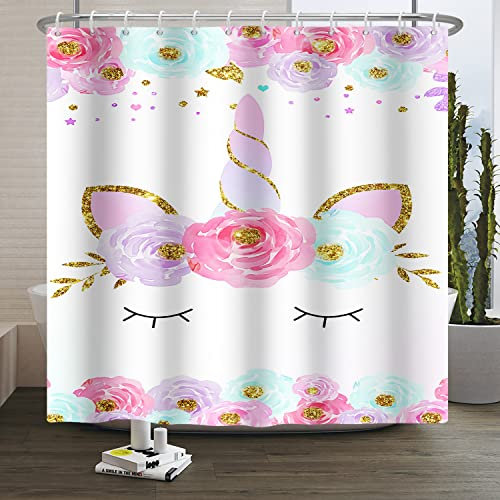 SDOTPMT 90x183cm Mignonne Licorne Rideau de Douche Dessin animé Licorne Magie Tête Doré Poudre Fleur Rideau Bain Blanc Arrière Plan Rideau de Baignoire pour Salle Bains Polyester avec Crochets