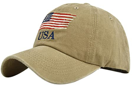 YULOONG Vintage Baseball Cap Stickerei USA Flagge Washed Denim Trucker Cap 100% Baumwolle Sonnenhut für Männer Frauen Einstellbar Khaki