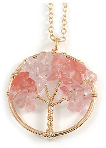 Avalaya Pendentif rond ouvert arbre de vie quartz rose pierres semi-précieuses avec chaîne dorée/44 cm de long, taille unique, Pas de type de métal, Quartz Quartz pierre semi-précieuse