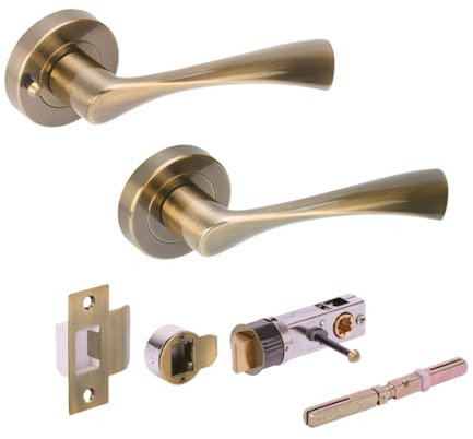 HANDLEZONE® Zena Privacy Lever On Round Rose Door Handles, with Bullet Privacy Latch, for Bathroom, Toilet, WC Doors, 1 Set - Antique Bronze