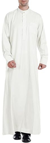 YAOHUOLE Long Sleeve Casual Button Up Robe Side Split Kaftan Long Gown Thobe with Pockets Off White L