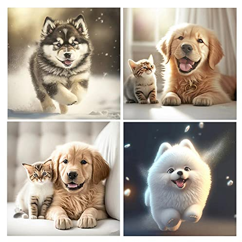 DCIDBEI Diamond Painting Tiere 4er Set 30x30 cm - Hund und Katze Malen Nach Zahlen - Diamant Malerei Husky Bilder Hundewelpen für Erwachsene
