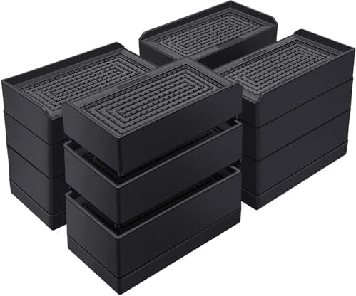 ANNKUT 12 rechteckige Betterhöhungen, 10,2 cm, strapazierfähig, verstellbar, Möbelerhöhungen für Bett, Sofa, Tisch und Stühle, hebt auf 3,8, 7,6 oder 10,2 cm, unterstützt bis zu 0,6 kg, Schwarz, 4