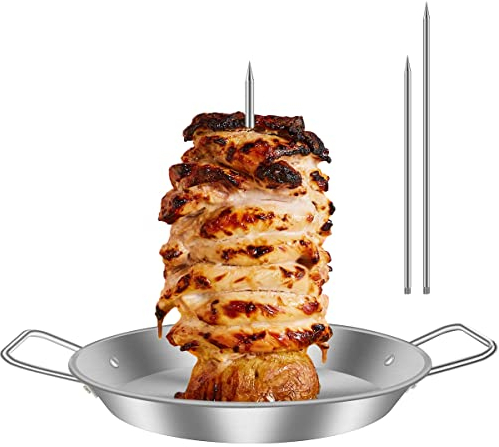 Vertical Chicken Skewers Stainless Steel Kebab Skewer Stand with 3 Replacement Spikes Vertical BBQ Grill Rack with Handle for Whole Chicken Fish Sausage Steak