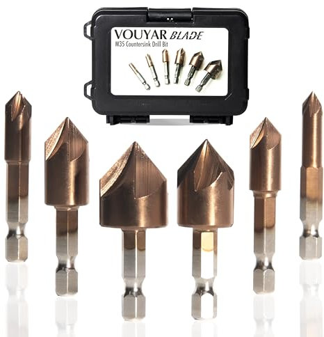 Vouyar 6 Pcs M35 Cobalt Countersink Drill Bit Set for Metal with Case 82 Degree 1/4'' Hex Shank HSS 5 Flute Center Punch Tool Sets for Wood, Quick Change Bit 1/4” 5/16 3/8” 1/2” 5/8” 3/4”