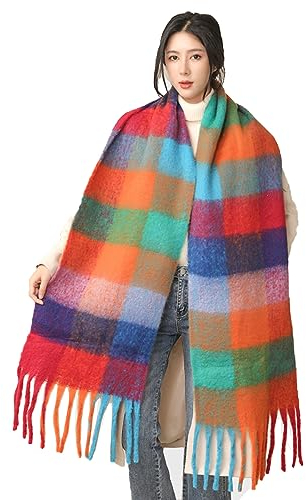 Damen Schal, Kariert übergroßer Winter SchaltuchKaro Schultertuch Plaid Deckenschal Modeschal Weich Warm Strickschal Oversized Herbstschal Warme Winter Stola mehrfarbig,Regenbogengitter